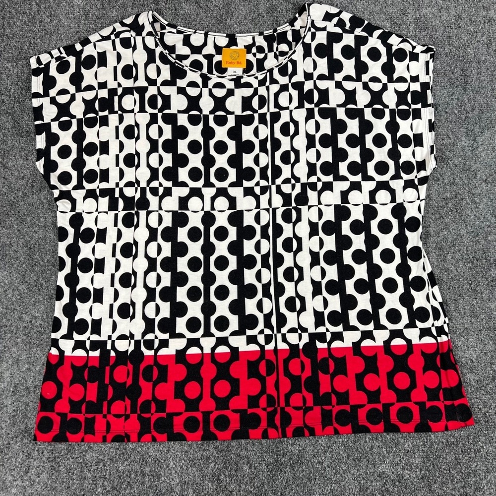 Ruby Rd Womens XL Geometric Polka Dot Top Black White Red Short Sleeve Blouse